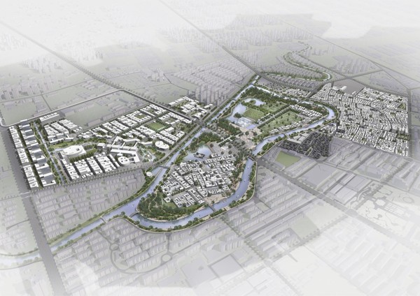 ‘양류칭 국가대운하문화공원’ 국제설계공모에 당선된 ‘양류칭 역사지구재생계획’ 조감도. 원보도 공원(중)을 중심으로 (좌)역사마을 핵심보호구와 (우)문화중심지구를 배치했다. (자료 제공=주.종합건축사사무소 이로재)