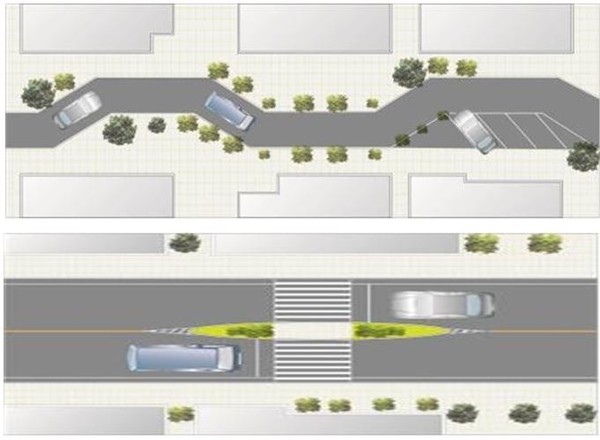 LH는 보행자 안전을 위해 공동주택 단지 설계 시 지그재그형 도로(위)와 보행교통섬(아래) 등을 적용한다. (자료=LH)