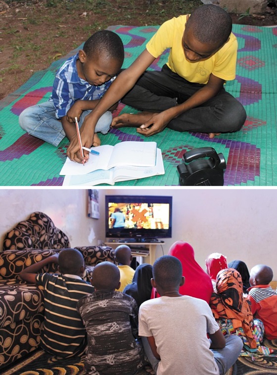 탄자니아 학생들이 라디오와 텔레비전에서 나오는 교육방송으로 공부하고 있다. 교육방송은 콰라라 미디어교육센터에서 제작·송출한 것이다. 제공=SBS