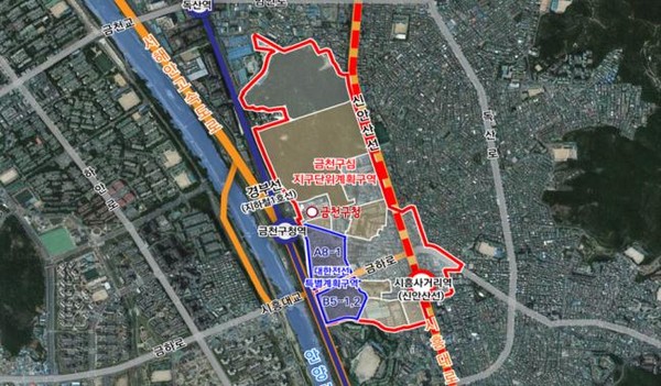 금천구심 지구단위계획구역 내 대한전선부지 특별계획구역 위치도. 
