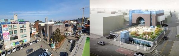 여주시민회관 현황(왼쪽)과 시민아올센터 계획도(오른쪽)