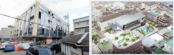 구(舊) 영남백화점 현황(왼쪽)과 진주시 인정사업계획도(오른쪽)