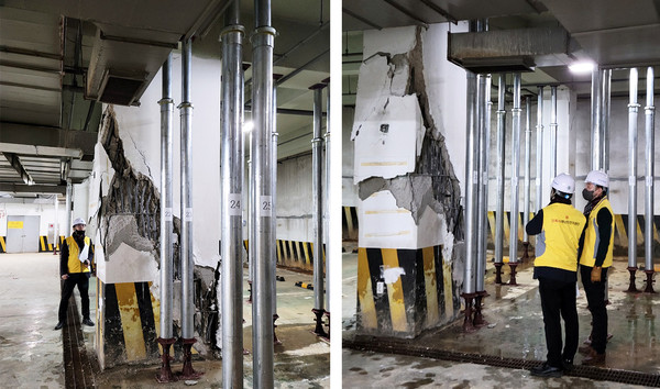 경기도건축사회와 고양지역건축사회 소속 건축사들이 고양 마두동 건물균열 사고 현장에서 도면 검토·시공 일치 여부 판단 등 현장 점검을 진행했다. (사진=경기도건축사회)