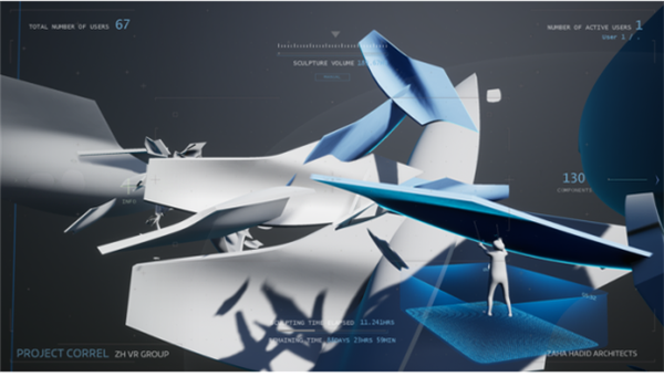‘프로젝트 코렐(Project Correl 1.0(2018)’ ©Zaha Hadid Architects _가상 공간에서 몰입형 건축 기술을 시연하는 인터랙티브 체험 프로젝트다. 이 작품은 최대 4명의 관람객이 VR 장치를 착용하고 동시 접속해 디지털 공간에서 자유롭게 원하는 구성 요소들을 선택하거나 크기를 조절하고 배치하면서 전시 기간 동안 디지털 구조물을 설계할 수 있다.
