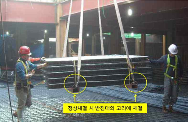 자재 인양 시 받침대를 사용한 올바른 줄걸이 사용례(사진=원주지방국토관리청)