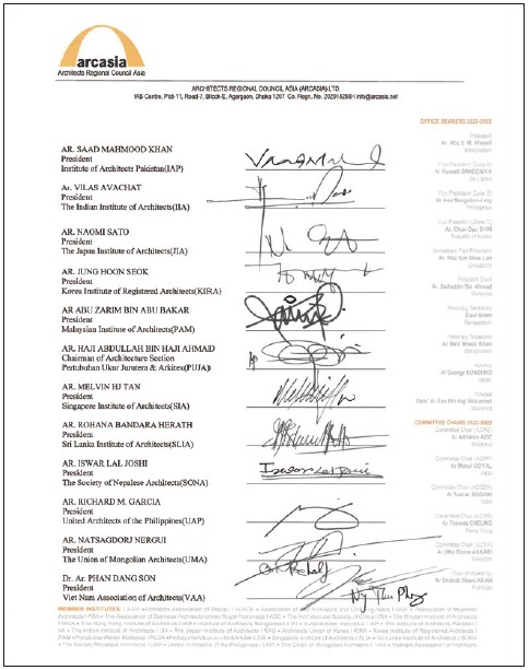 '민간대가 법제화'에 지지 및 동의하는 아시아건축사협의회 22개 회원국 건축사단체장 서명(자료=대한건축사협회)