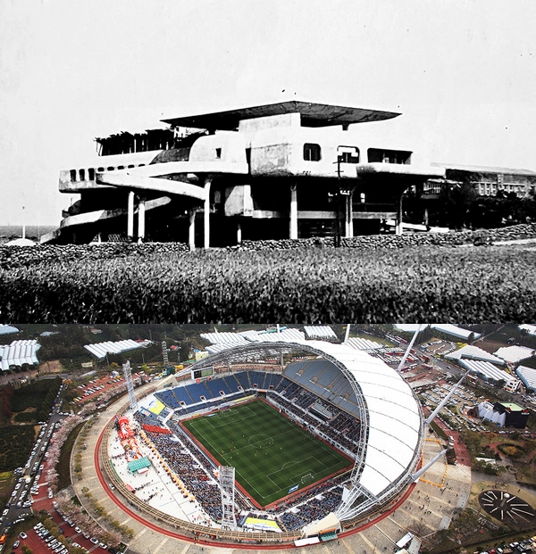 제주대학교 구 본관(위)과 제주월드컵경기장(아래)은 바람의 영향을 줄이기 위해 건축물 레벨을 낮게 계획한 점이 특징이다. 제주의 기후 및 자연경관 측면에서 지역성을 반영한 사례다. 【사진_곽재환 건축사(위), 제주 유나이티드FC(아래)】