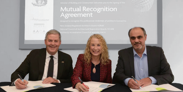 미국건축사등록원(NCARB), 호주건축사인증원(AACA), 뉴질랜드건축사등록원(NZRAB) 대표들이 각 국의 건축사들에게 더 많은 기회를 제공하기 위한 새로운 상호 인정 협정(MRA)에 서명했다. 이 새로운 MRA는 세 국가 간 기존 협정을 대체하며, 2024년 11월 6일부터 시행된다. 이 협정은 자격을 갖춘 건축사들이 상호 자격 인정을 추구할 때 직면하는 주요 장벽, 예를 들어 장기간의 실무 경험 요구사항과 제한된 자격 취득 및 상호 인정 경로 등을 해결한다. 왼쪽부터 NCARB president Ken Van Tine, NZRAB chair Gina Jones and AACA president Giorgio Marfella.	(사진=AACA)