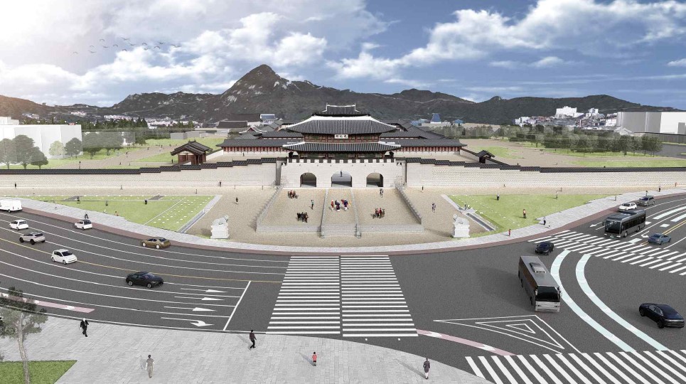 경복궁 광화문과 월대(국가지정 사적). 이전됐던 광화문을 원래 자리로 복원하고, 일제강점기에 훼철된 월대를 복원하며 주변 역사광장을 정비하는 설계를 수행했다. (자료=주.금성종합건축사사무소)