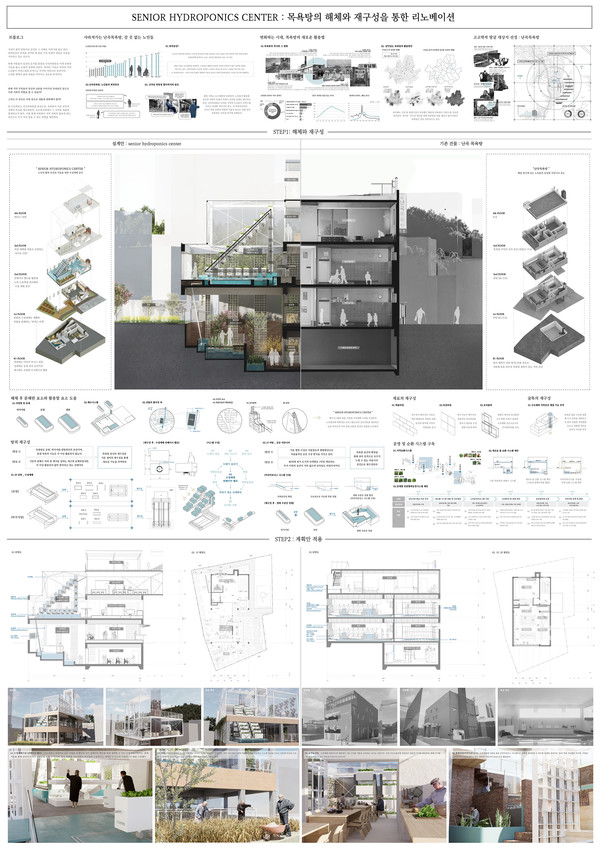 한국여성건축가협회의 첫 학생 공모전 대상은 김선빈(서울대학교 환경설계학과), 정환석(가천대학교 건축학과) 학생팀의 ‘SENIOR HYDROPONICS CENTER: 목욕탕의 해체와 재구성을 통한 리노베이션에 돌아갔다. 