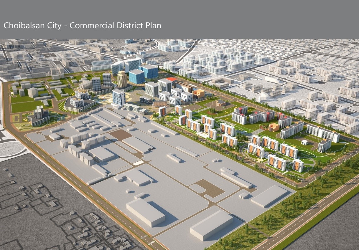 조창곤 건축사가 참여한 ‘초이발산시 상업지구 계획안(Choibalsan City – Commercial District Plan)’ 조감도. 상업·업무·주거 기능이 복합된 도시계획으로, 몽골 동부 지역의 중심 거점 개발을 목표로 추진됐다. (자료=주.경진 건축사사무소)