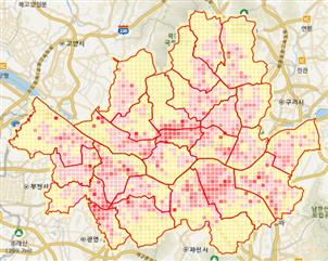 서울시 건물 부문 탄소배출 현황을 탄소공간지도가 표현했다. (자료=국토교통부)