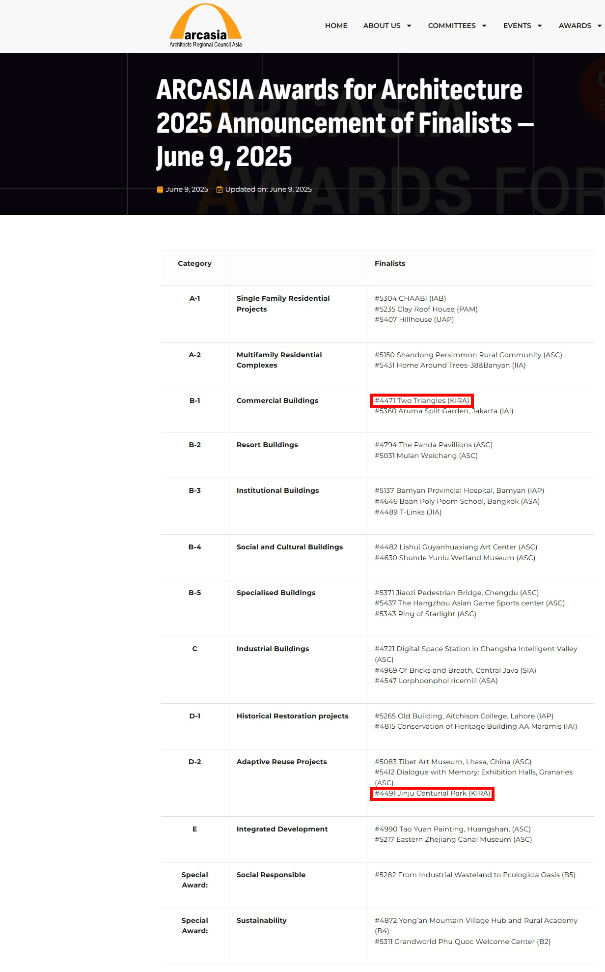 2025 ARCASIA 건축상 파이널리스트 명단 발표, ARCASIA(아시아건축사협의회)는 지난 6월 9일 공식 누리집을 통해 2025년 ARCASIA 건축상 부문별 파이널리스트 명단을 공개했다. (자료-ARCASIA)